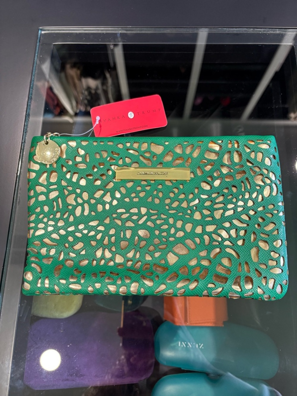 NWT Ivanka Trump Green Laser-Cut Clutch with Gold Underlay